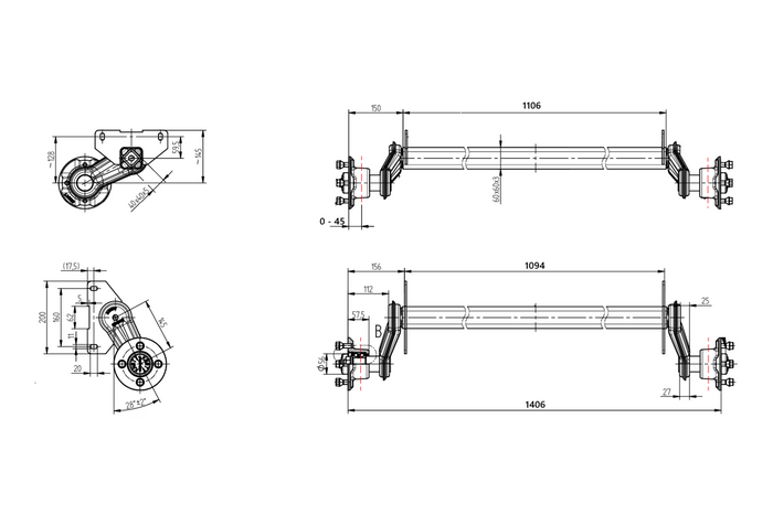 KNOTT VG7-L nezavorna os za prikolico za čoln 750 kg 1094 mm 1406 mm 4x100