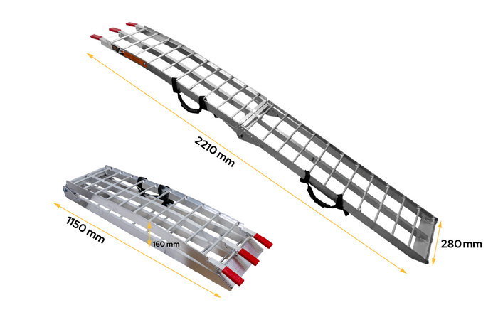 UNITRAILER ALR002 zložljive aluminijaste rampe za prikolice 221 cm 680 kg s pasom, komplet 2 kosov